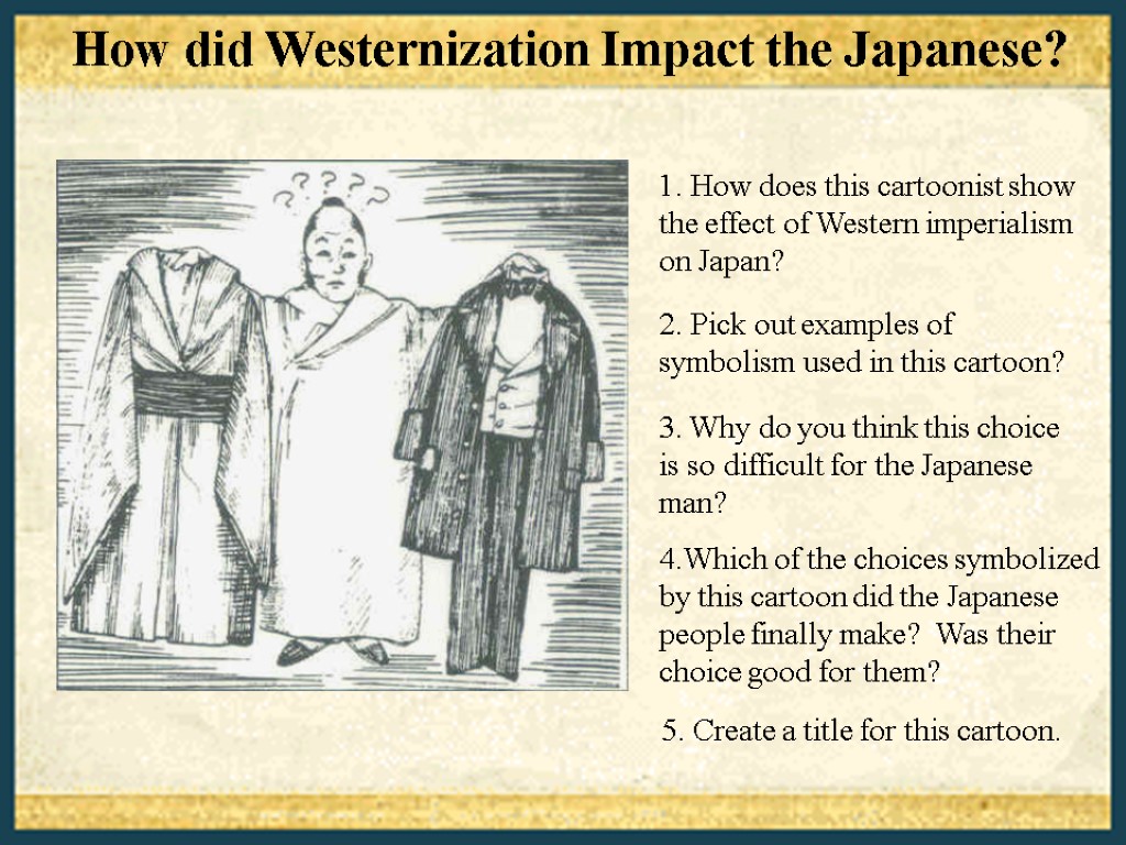 1. How does this cartoonist show the effect of Western imperialism on Japan? 2.